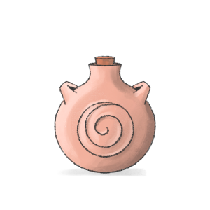 Phing. Water bottle, slightly flattened at the sides and ear like loop. Closed with a wooden cork and carried using a leather strap.
