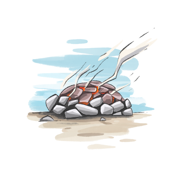 Illustration of a Pit fire kiln made of cattle dung, turf and stones, with smoke rising into the air.