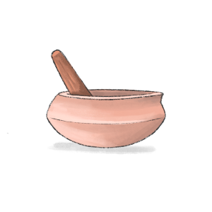 Tsepore. Mortar used by thangka painters to grind and mix natural pigments. The rough earthenware surface provides the right texture for mixing, while pestles are traditionally made from wood.