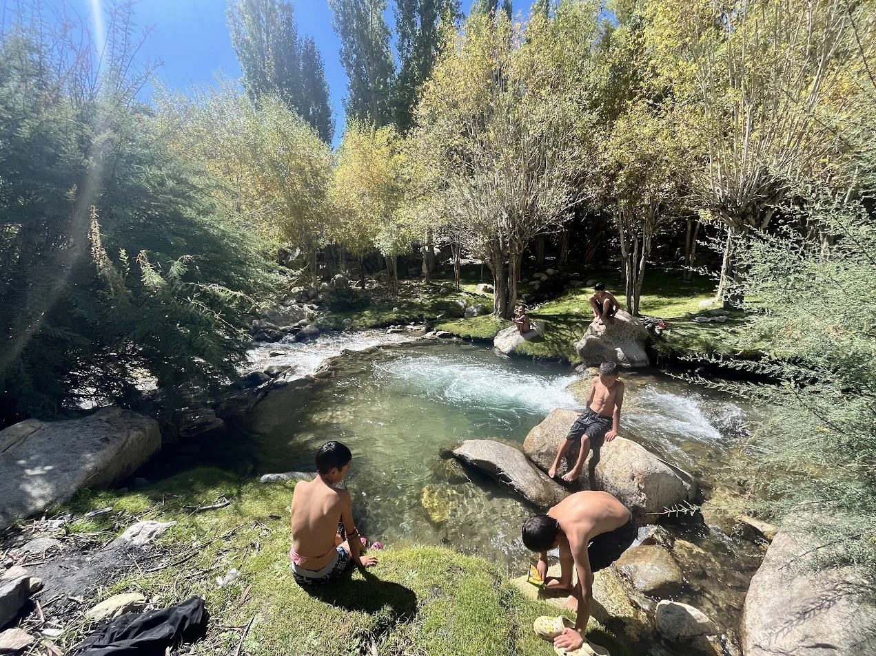 Children playing and sitting by a stream in a forested area with trees and rocks, under a sunny sky.