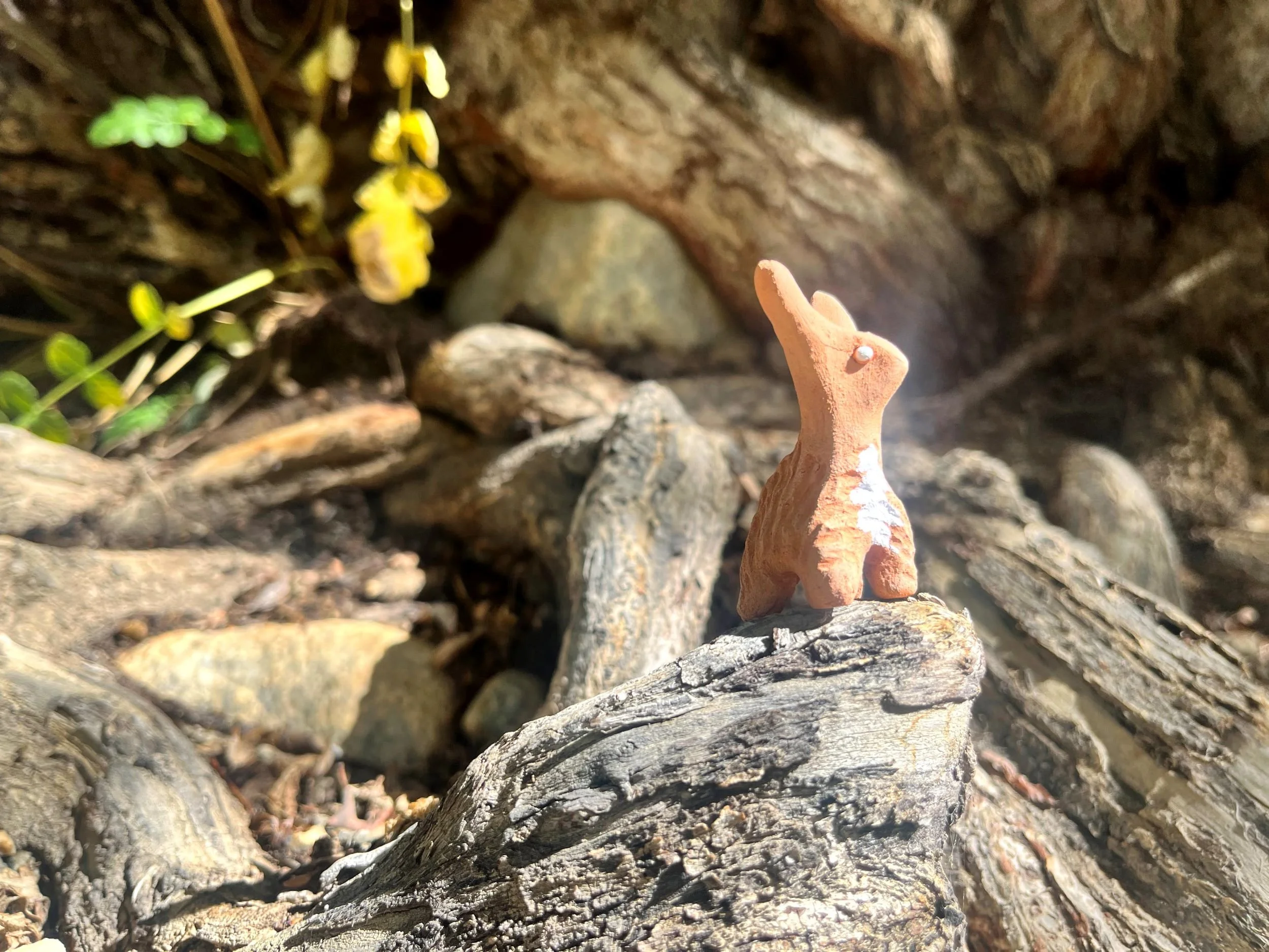 A small terracotta figurine of a dog with a shiny eye, standing on a pile of rocks and wood chips in a natural outdoor setting.