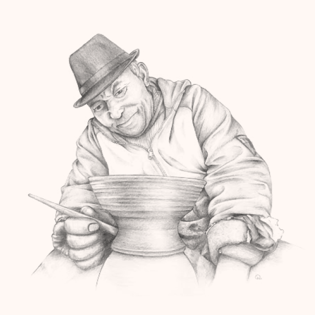 Black and white drawing of an Abba'ley Lamchung Tsepail wearing a hat, and a hoodie,making a pot and smiling