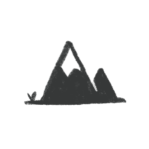 Silhouette of a mountain with a star-shaped hole near the peak and two smaller peaks on the right, with trees or bushes at the base.