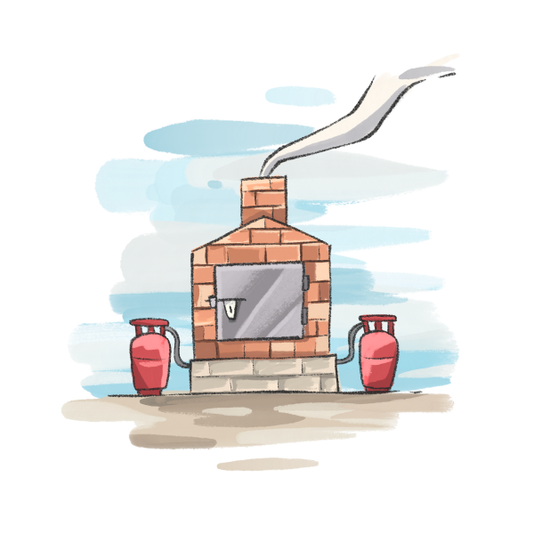 Illustration of a brick gas kiln, smoke rising from the chimney, and two propane tanks connected to it.