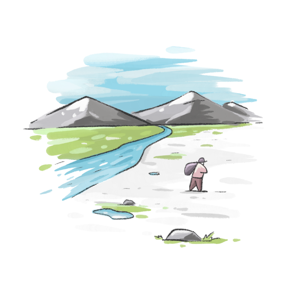 A person collecting glaze raw materials in a river bed  near snowy mountains with green hills and cloudy sky.