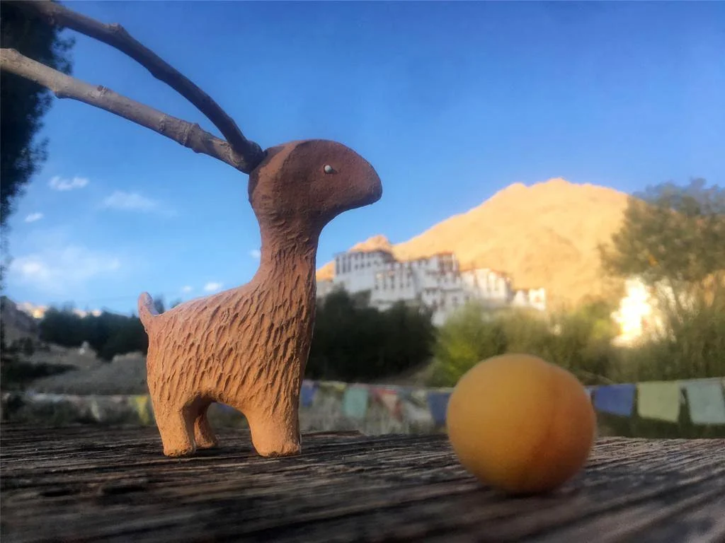 A small, brown, wooden figurine of a creature with antlers, on a wooden surface outdoors, with a yellow ball in the foreground and a mountain with buildings in the background.