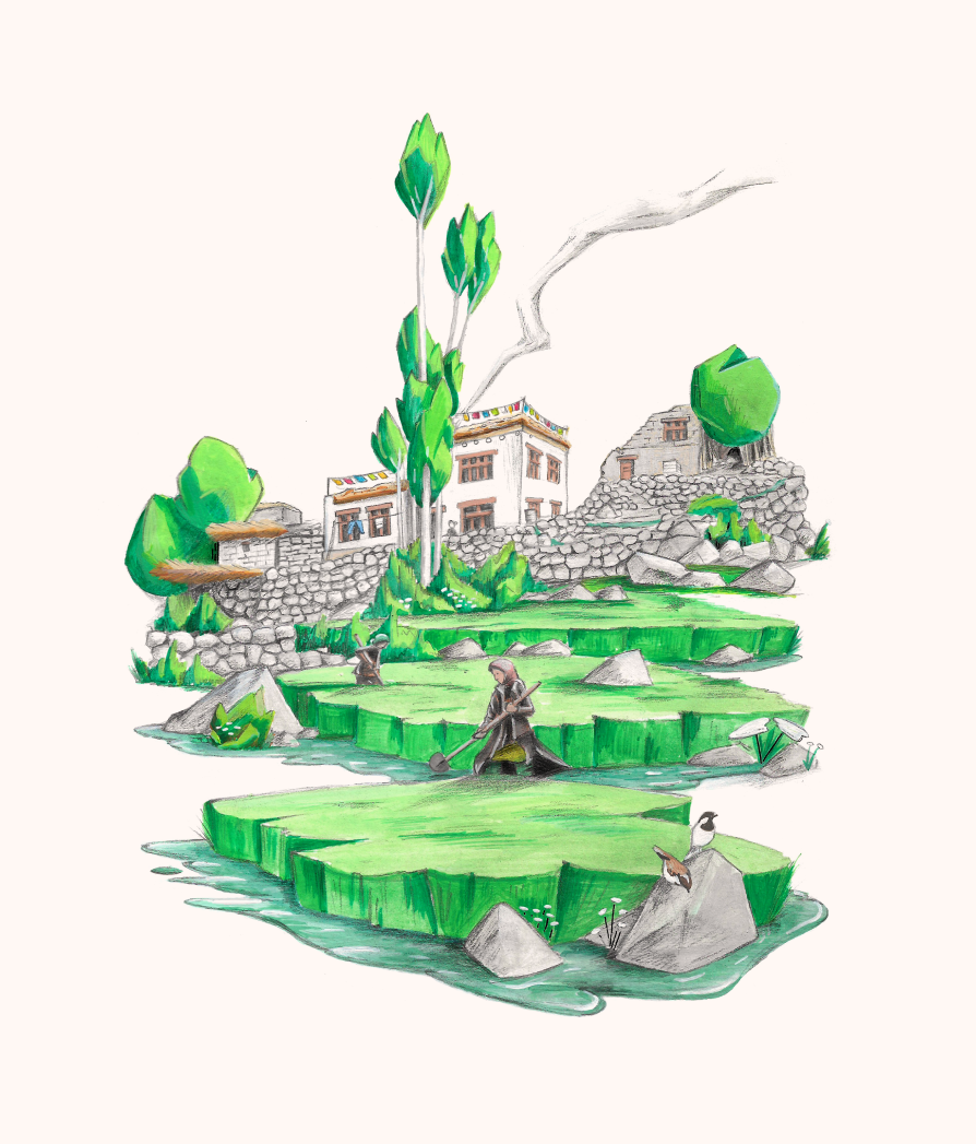 Illustration of a landscape with Potter's home, trees, rocks, a person working in a garden, and birds near a body of water.