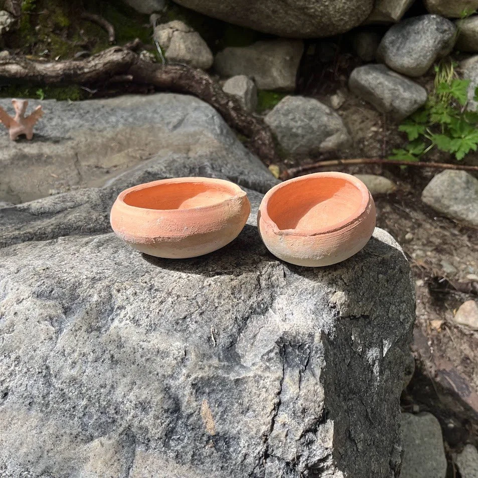 Two small terracotta bowls with wide openings, placed on a large gray rock outdoors with moss, branches, rocks, and green foliage in the background.