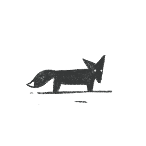 A simple black silhouette of a fox lying down with alert ears and glowing eyes.