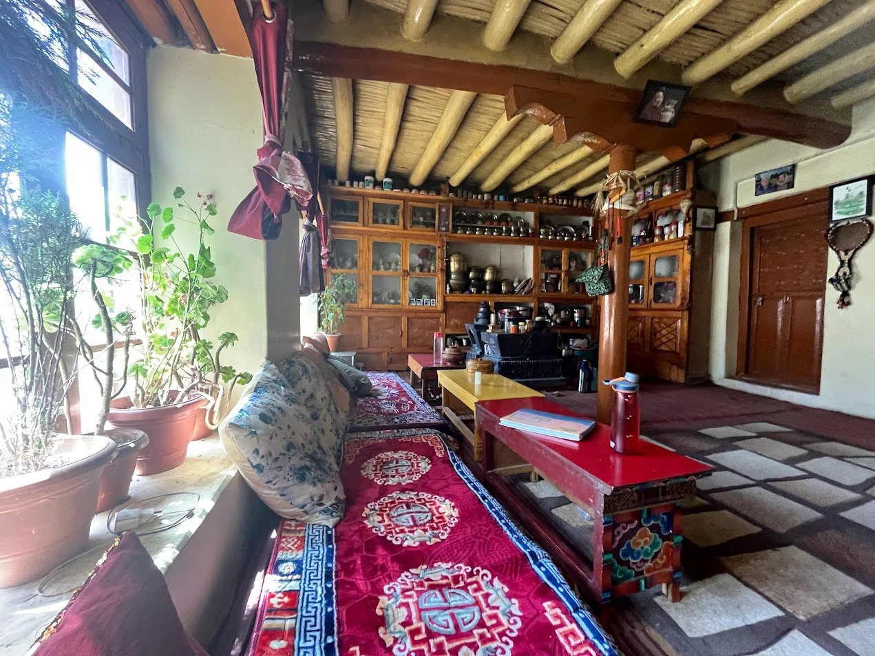 Cozy living room with poplar and willow ceiling, wooden cabinets, colorful table, and potted plants by the window.