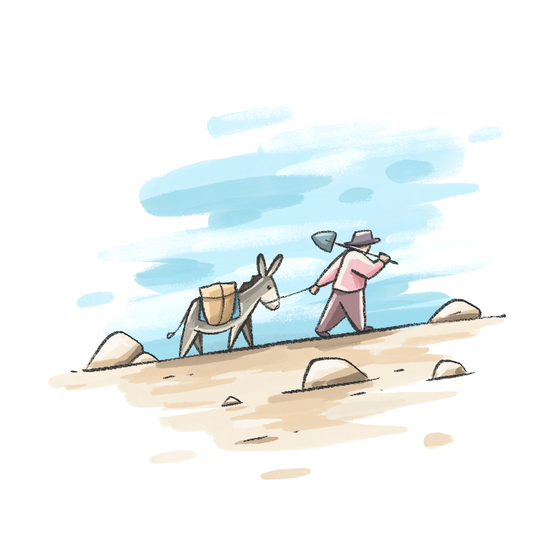 A person walking along a mountain ridge with a donkey carrying clay, under a sky with light clouds.