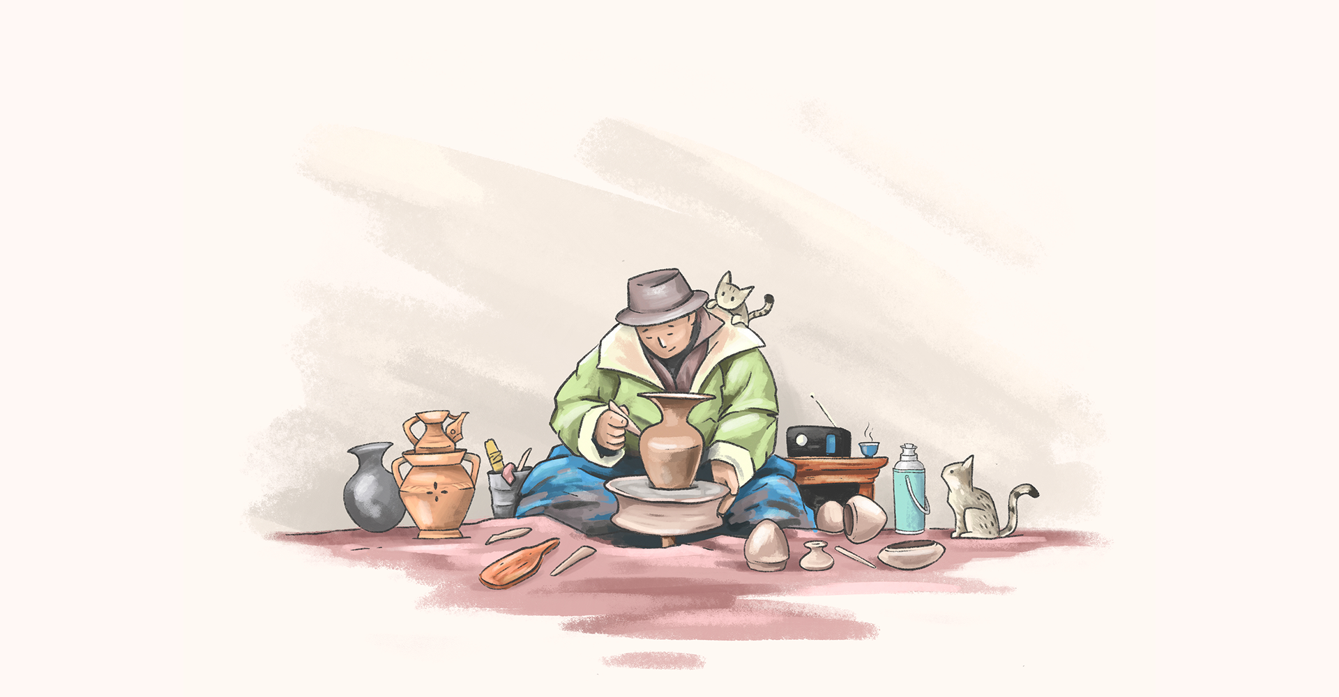 Illustration of a person sitting on the ground, working on a pottery wheel with a pot. Around them are various pottery tools, vases, a cup, a water bottle, and two cats, one sitting on their shoulder and the other nearby.