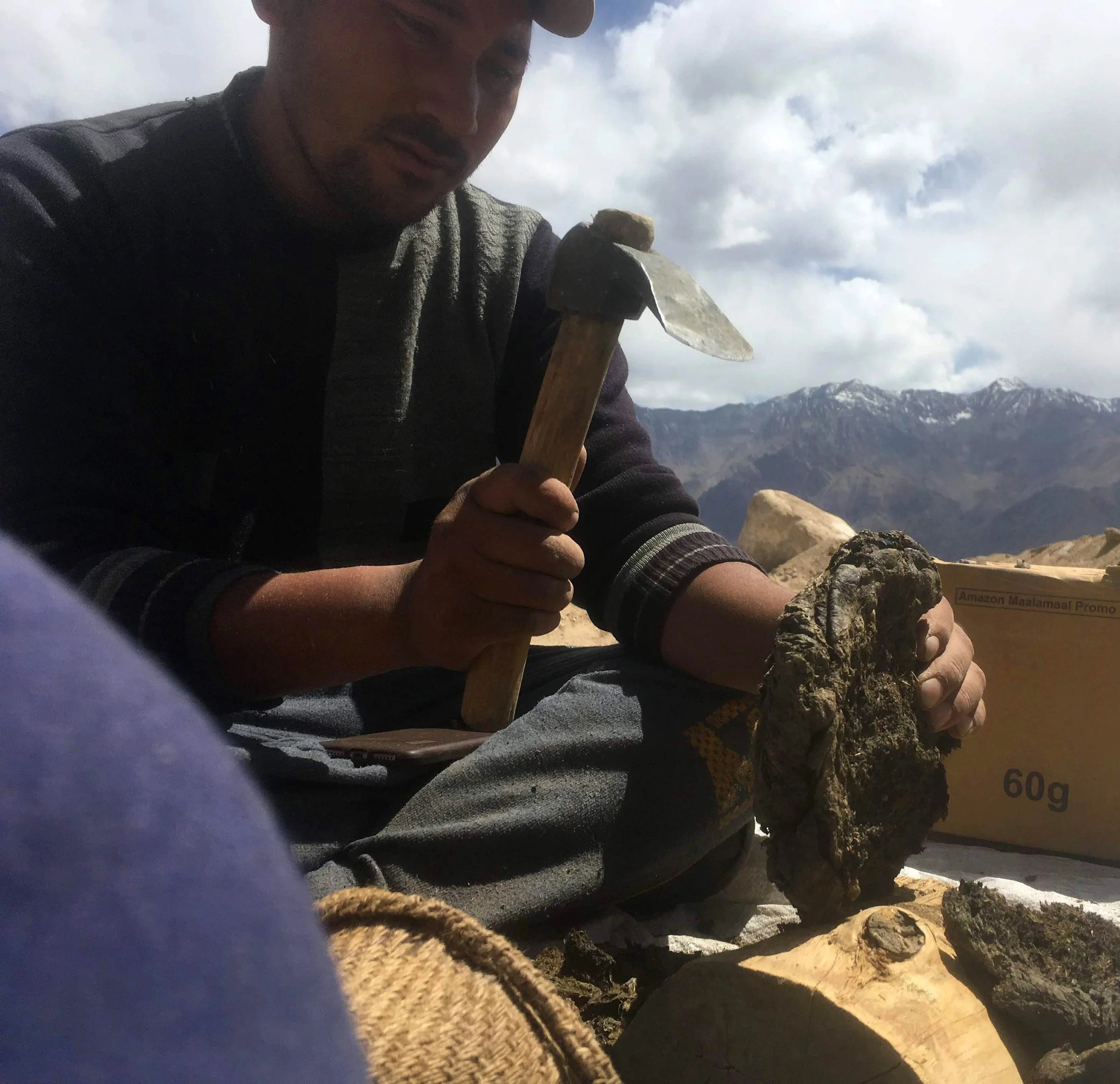 Rigzen chopping a dried Dzo dung cake to size