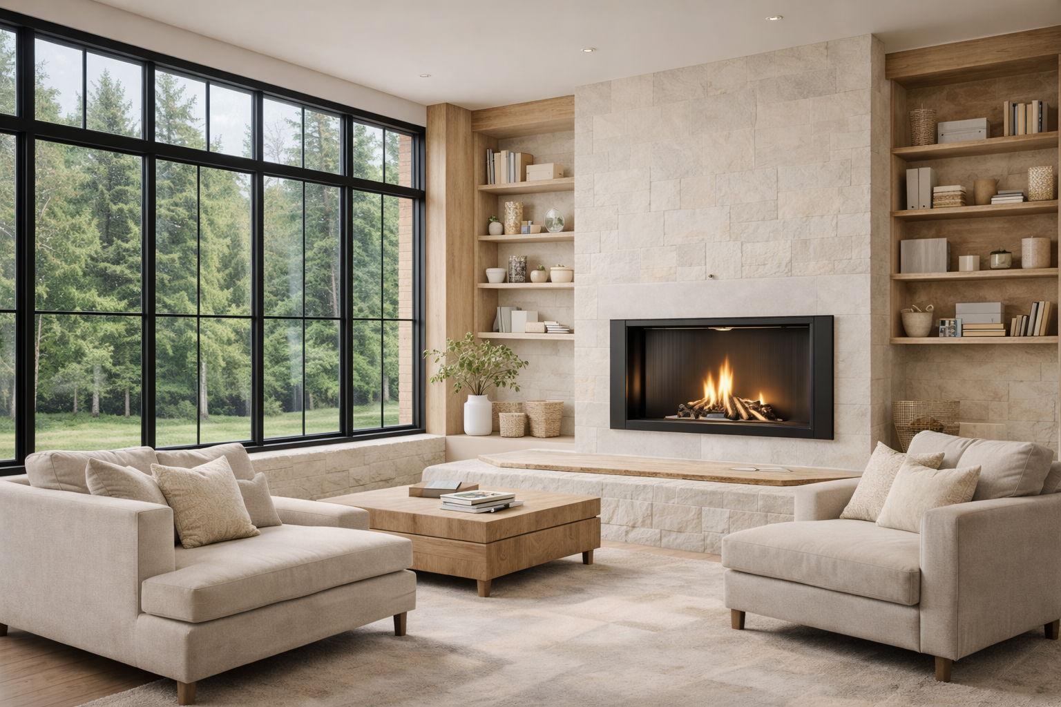 Living room with large window, beige sofas, wooden coffee table, fireplace, and built-in shelves with decorations.