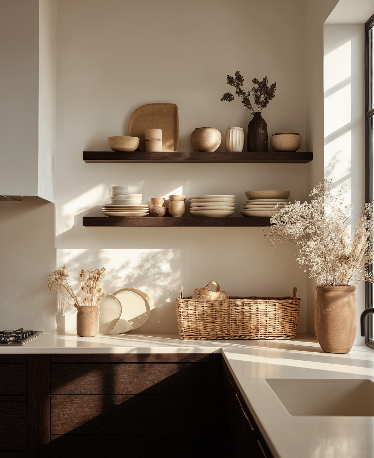 Open kitchen shelves with beige and cream dishware, vases with dried flowers, and sunlight streaming through a window.