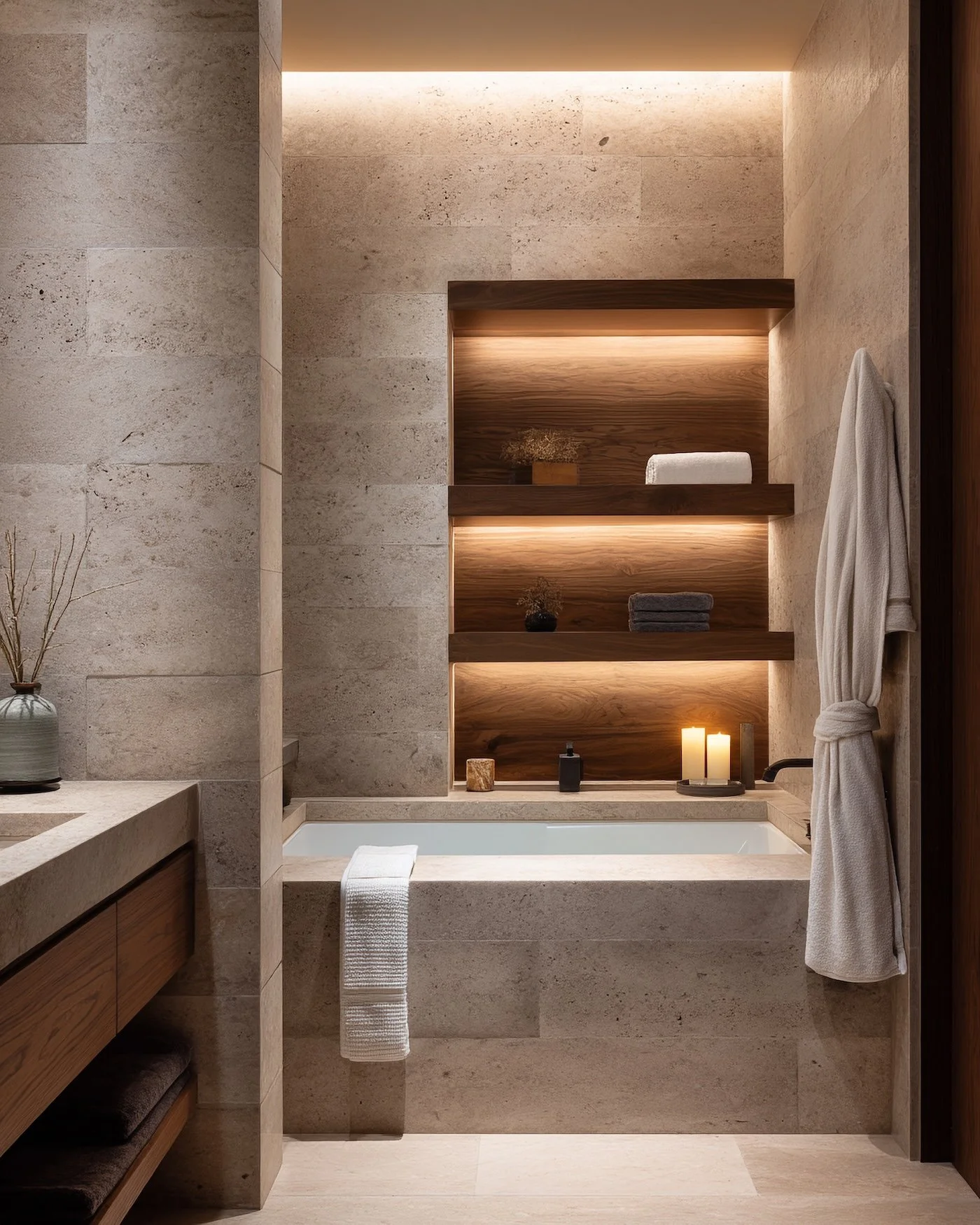 A modern, minimalist bathroom with a built-in bathtub, wooden shelves, and soft lighting. The walls and surfaces are made of beige stone, with decorative candles and towels placed neatly around.