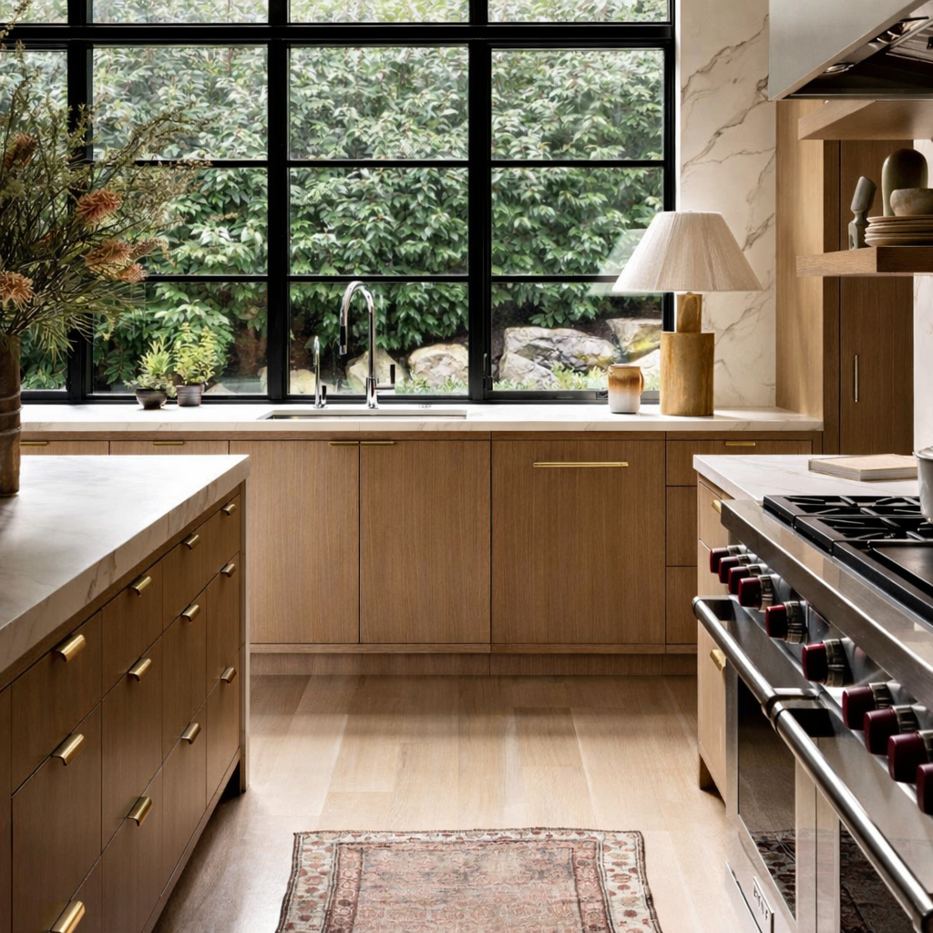 A modern kitchen with wooden cabinets, marble countertops, a large window overlooking greenery, a stove, and a table lamp on the counter.