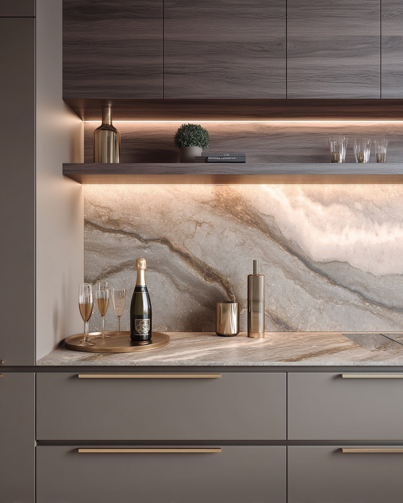 Modern kitchen with gray cabinets, a marble countertop, and built-in lighting. Decor includes a champagne bottle and glasses, a tray, and metallic vases.
