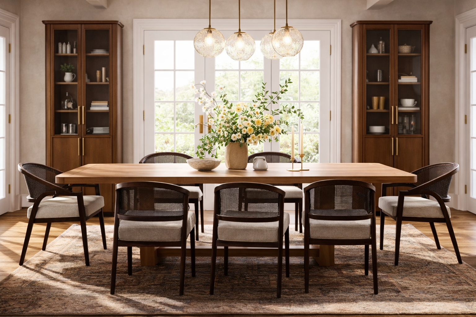 A dining room with a wooden table, eight chairs, a large floral arrangement, and built-in glass-front cabinets, illuminated by pendant lights.