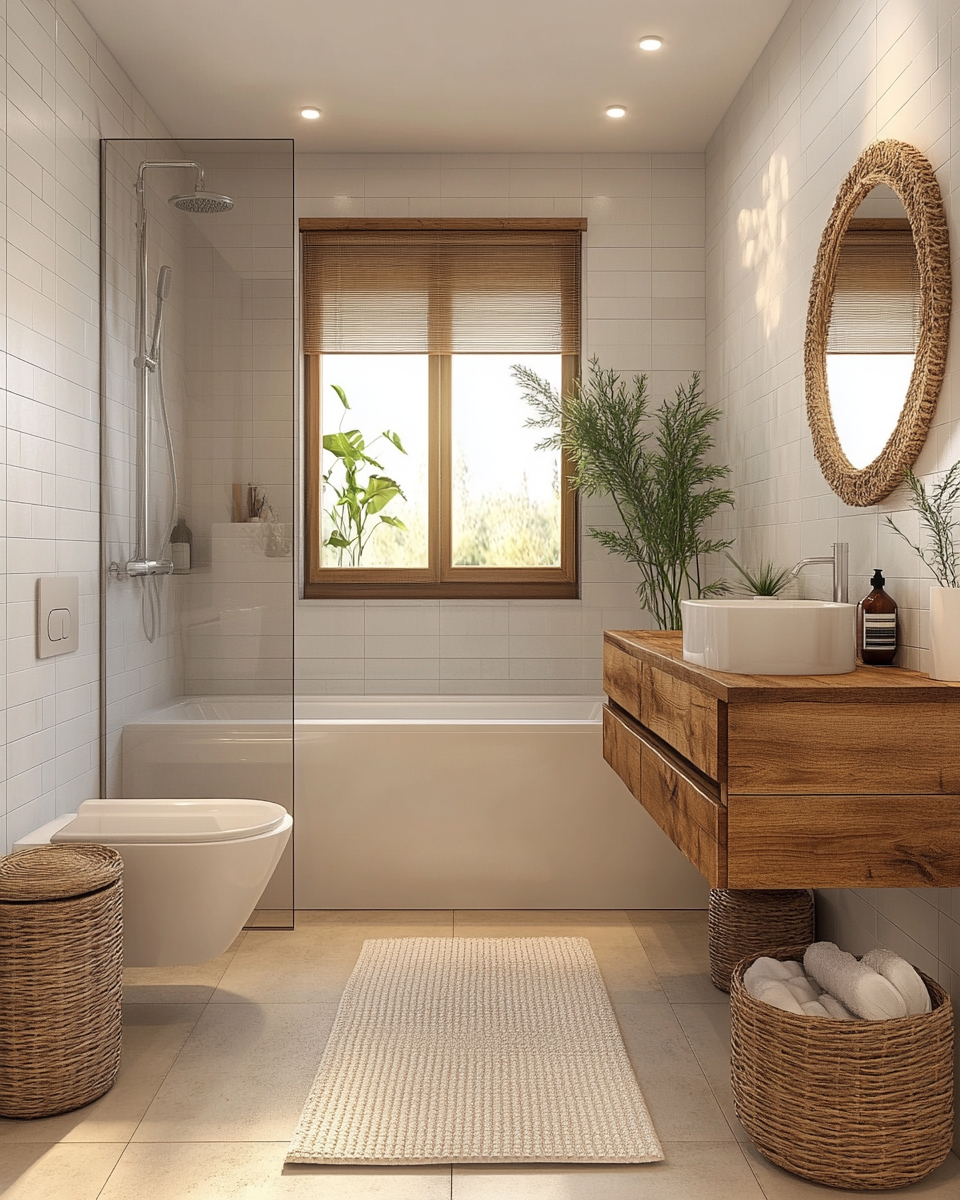 Luxury bathroom interior design with custom wood vanity,  shower, and natural accents — residential design documentation by McCabe By Design, serving Bainbridge Island, Mercer Island, and Gig Harbor