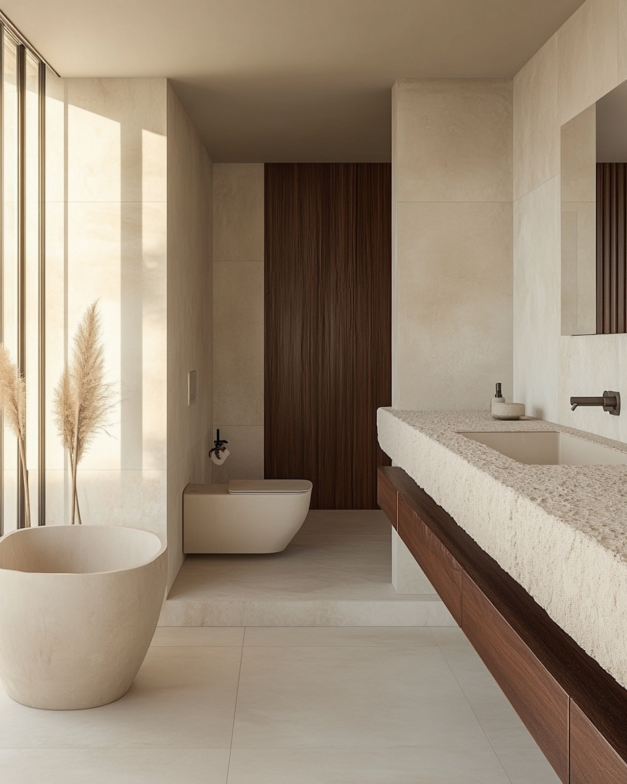 Modern bathroom with beige flooring, a large beige bathtub, a wall-mounted toilet, a stone countertop with an integrated sink, and a large mirror. The space features neutral tones and minimalist design.