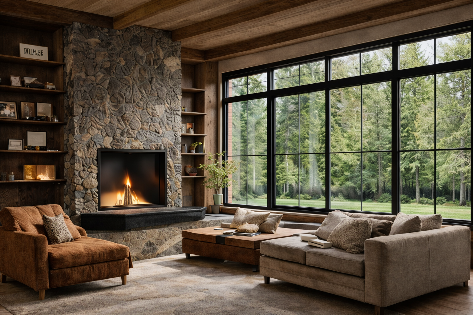 A cozy living room with a stone fireplace, large window overlooking a green landscape, and comfortable sofas and armchairs.