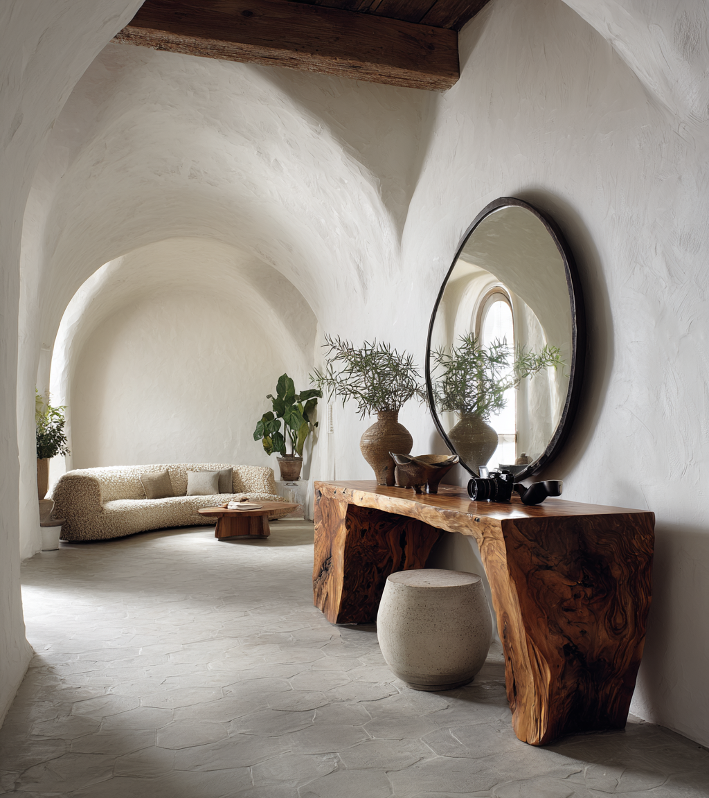A cozy living space with white stucco walls and arched ceilings. A curved beige sofa is near the back, with a small wooden coffee table. A wooden console table with natural wood grain holds potted plants, a camera, and decorative items. A large round mirror hangs on the wall, reflecting part of the room. Potted plants are placed throughout, and a stool is in front of the console table.