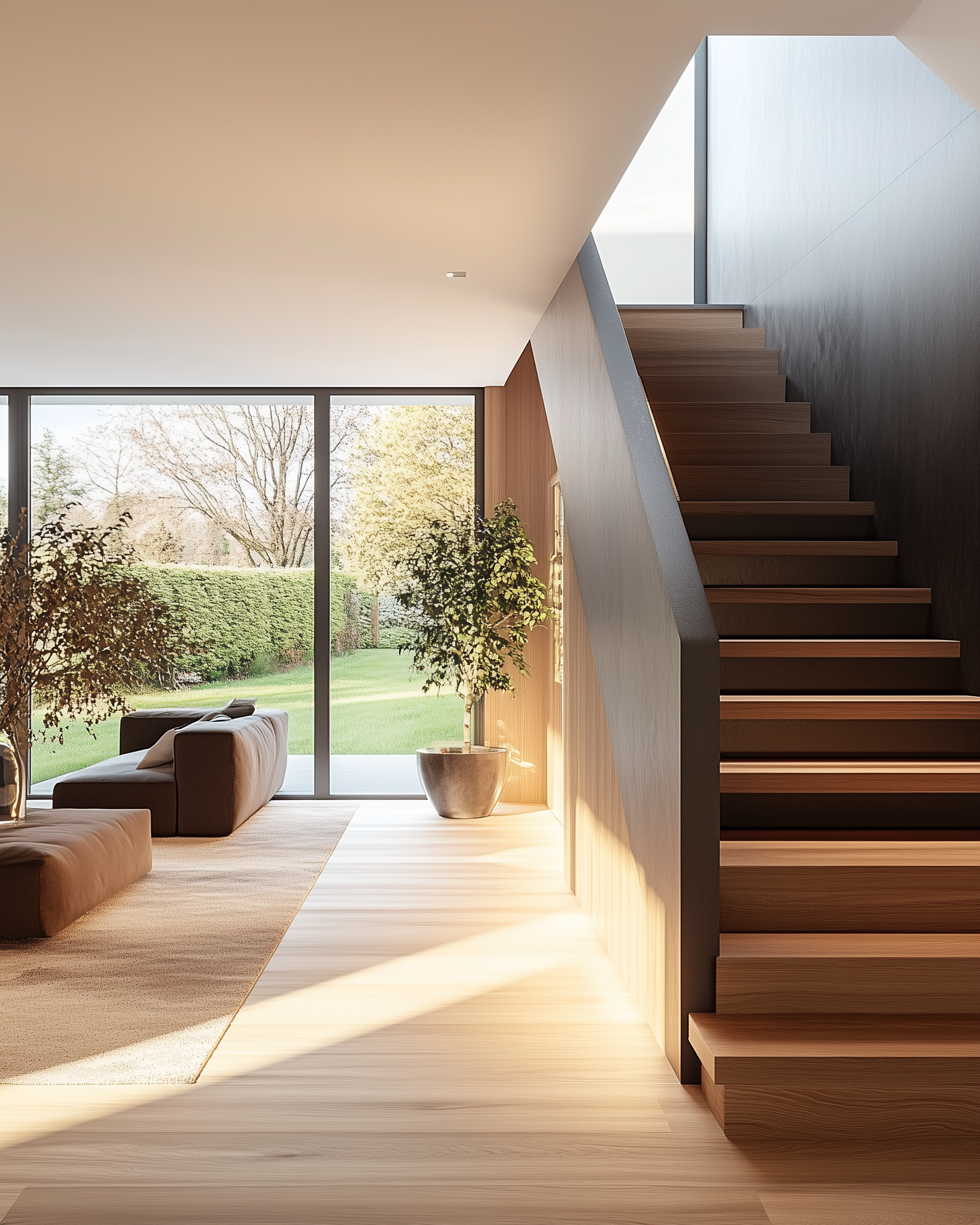 Bainbridge Island Residential Designer Molly Erin McCabe. Living room with beige sofa, large windows showing trees and grass outside, potted plant, and modern staircase with wooden steps and black side panel.