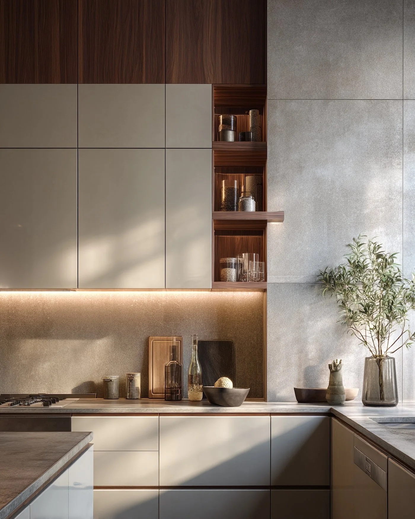 Modern kitchen with beige and wooden cabinets, open shelves with jars, a countertop with decorative items, a potted plant, and a light-colored backsplash.