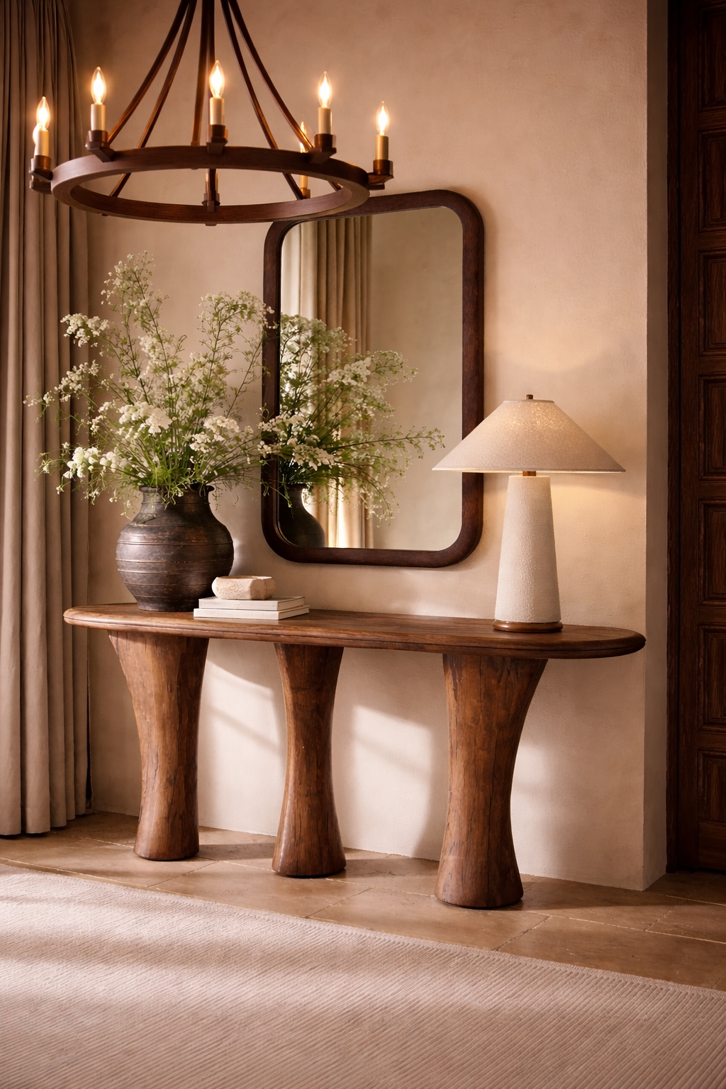 A rustic wooden console table with a large vase of white wildflowers, a small stone, and a stack of books. Above, a rectangular wooden-framed mirror reflects part of the room. To the right of the table, a beige textured table lamp. The background features beige walls, a curtain, and a wooden wardrobe.