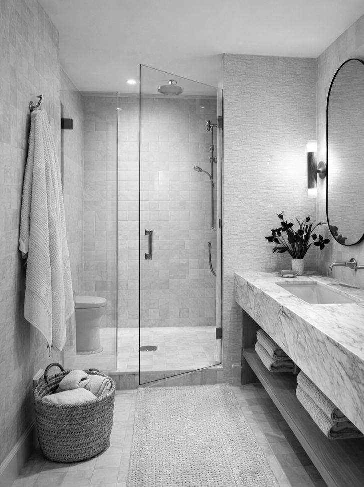 A modern bathroom with a walk-in glass shower, a marble countertop sink with towels underneath, a mirror, a potted plant, and a basket with towels.