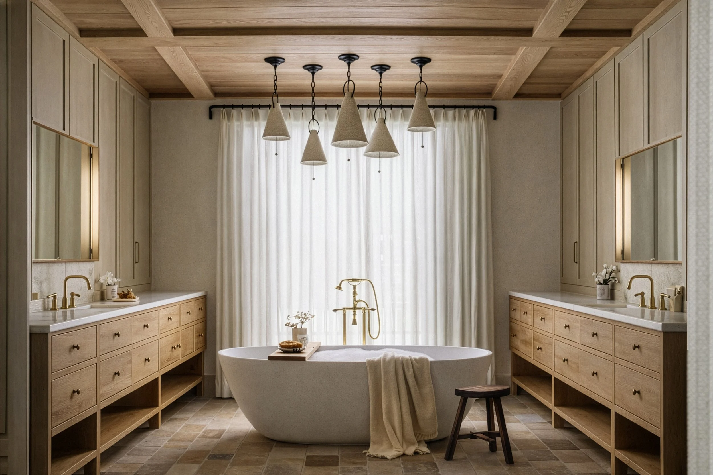 A bathroom with a freestanding bathtub in the center, a wooden ceiling with hanging pendant lights, large windows with sheer curtains, and wooden cabinetry on both sides with countertops and gold faucets.