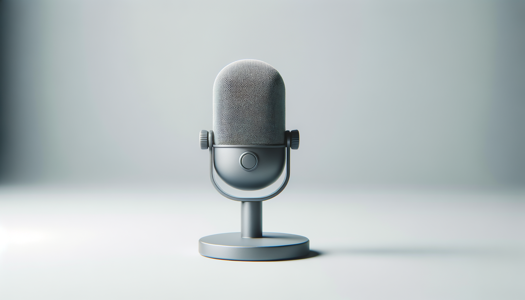 Gray desktop microphone with a mesh head and a round base on a plain background.