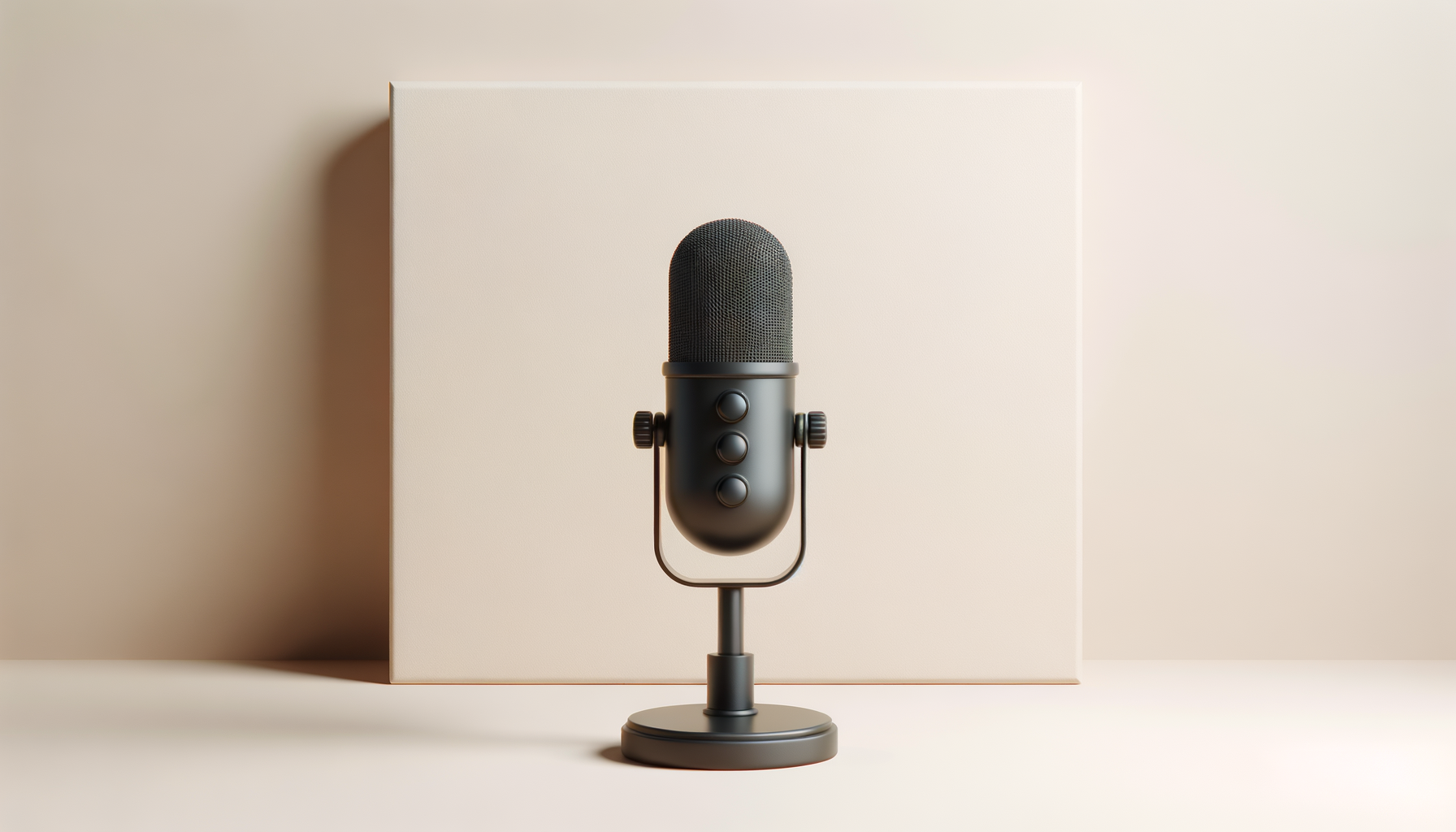 A black microphone with buttons on its front, mounted on a stand, placed in front of a beige backdrop.