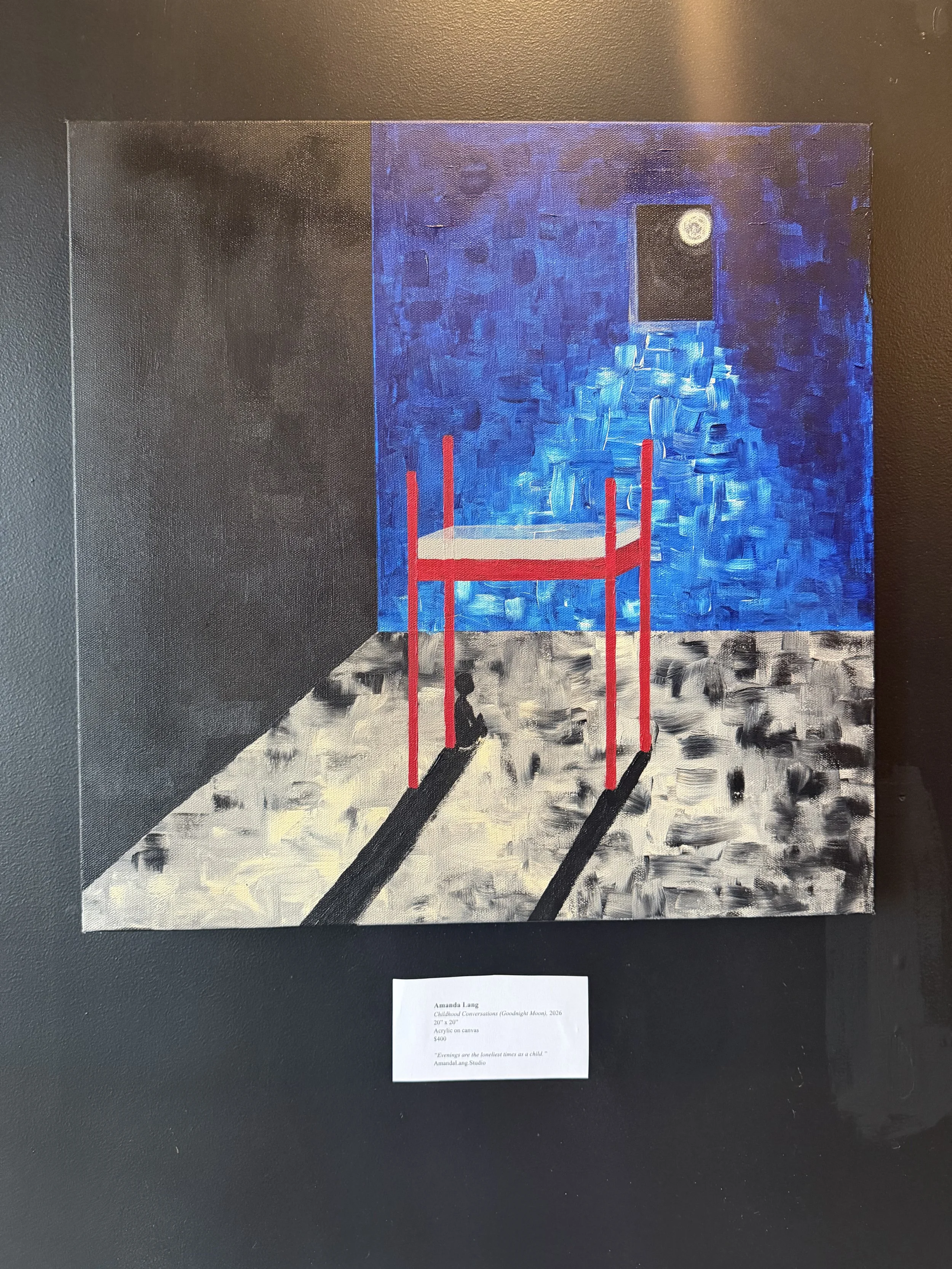 “Childhood Conversations (Goodnight Moon)”, 2026
20” x 20”
Acrylic on canvas
$400

“Evenings are the loneliest times as a child.” 