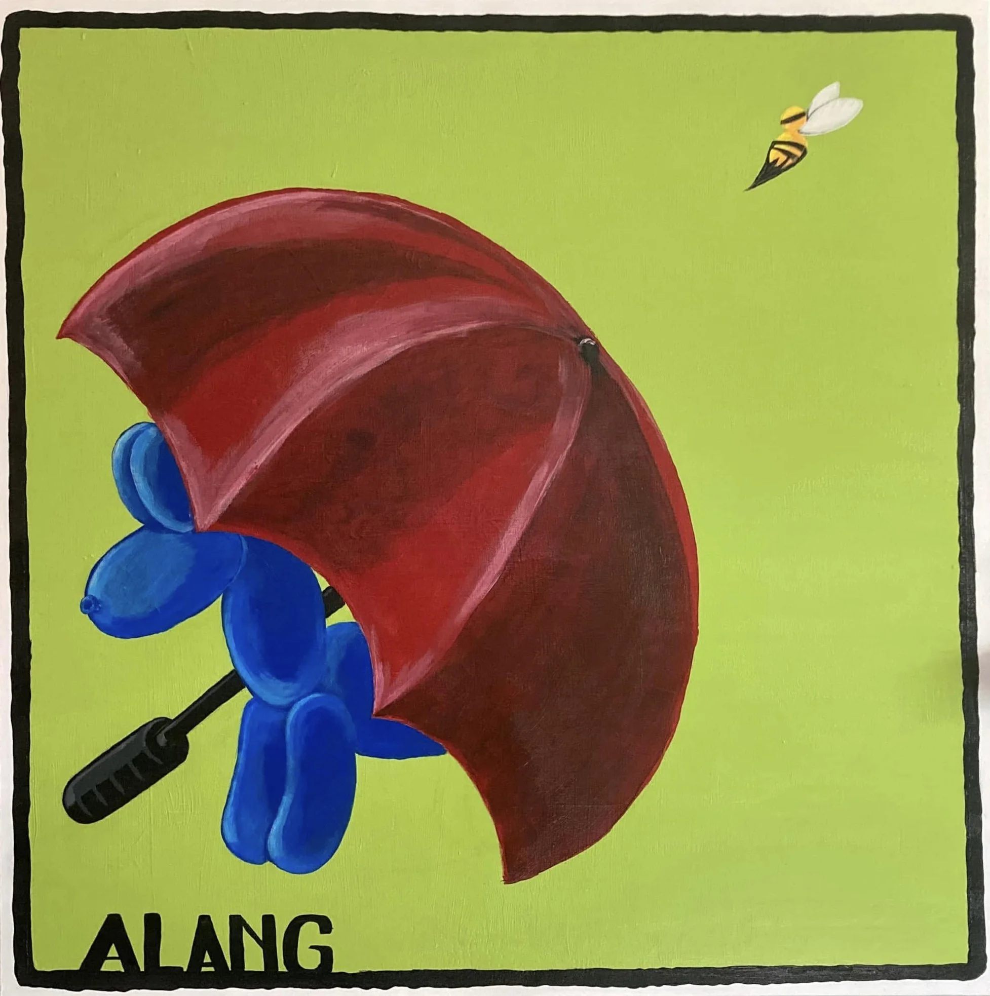 A blue cartoon figure holding a red umbrella on a lime green background with a yellow and black bee flying nearby. The word 'ALANG' is written in black at the bottom left corner.