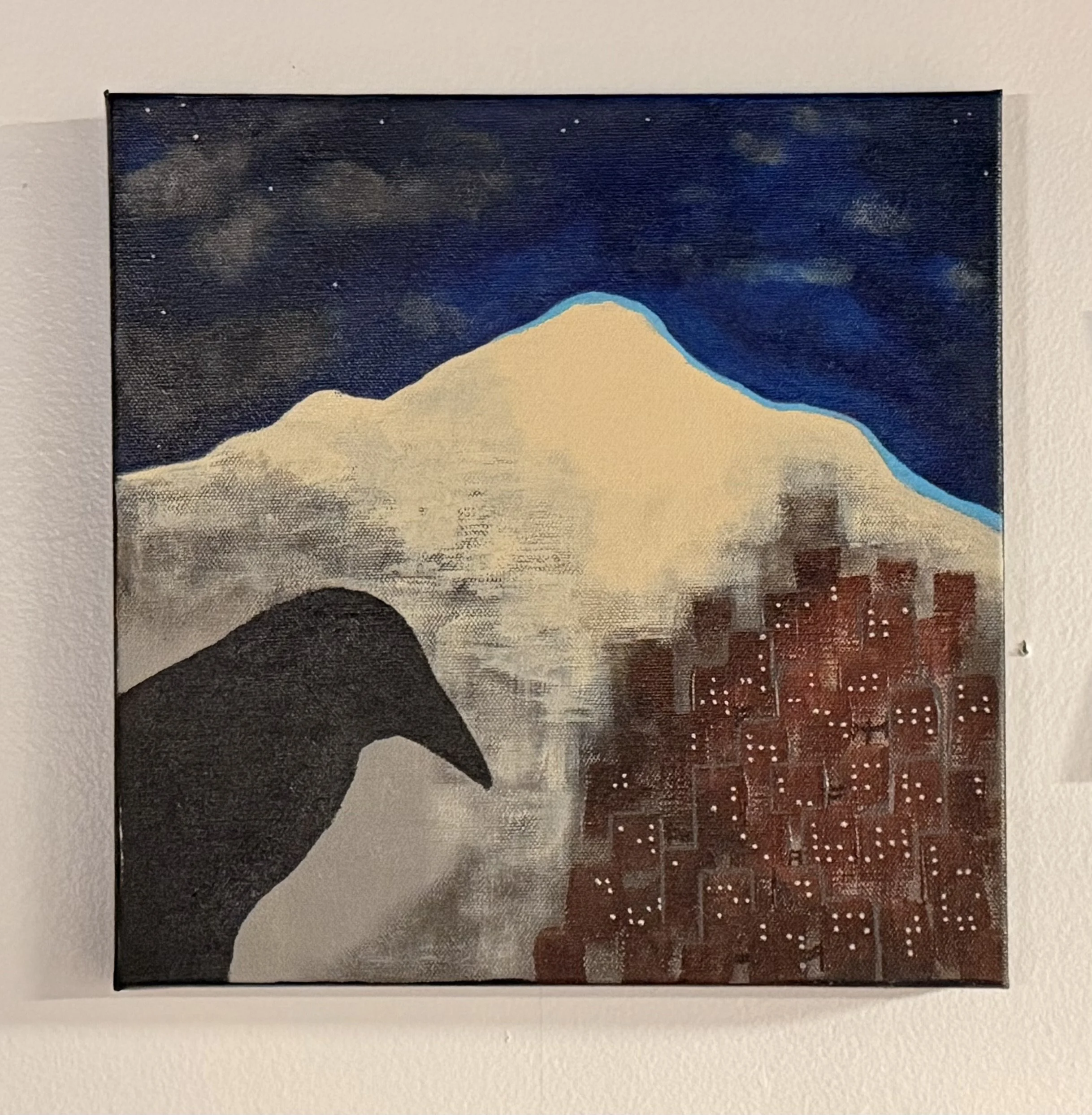 Painting of a cityscape with a mountain in the background, a large bird in the foreground, and stars in the night sky.