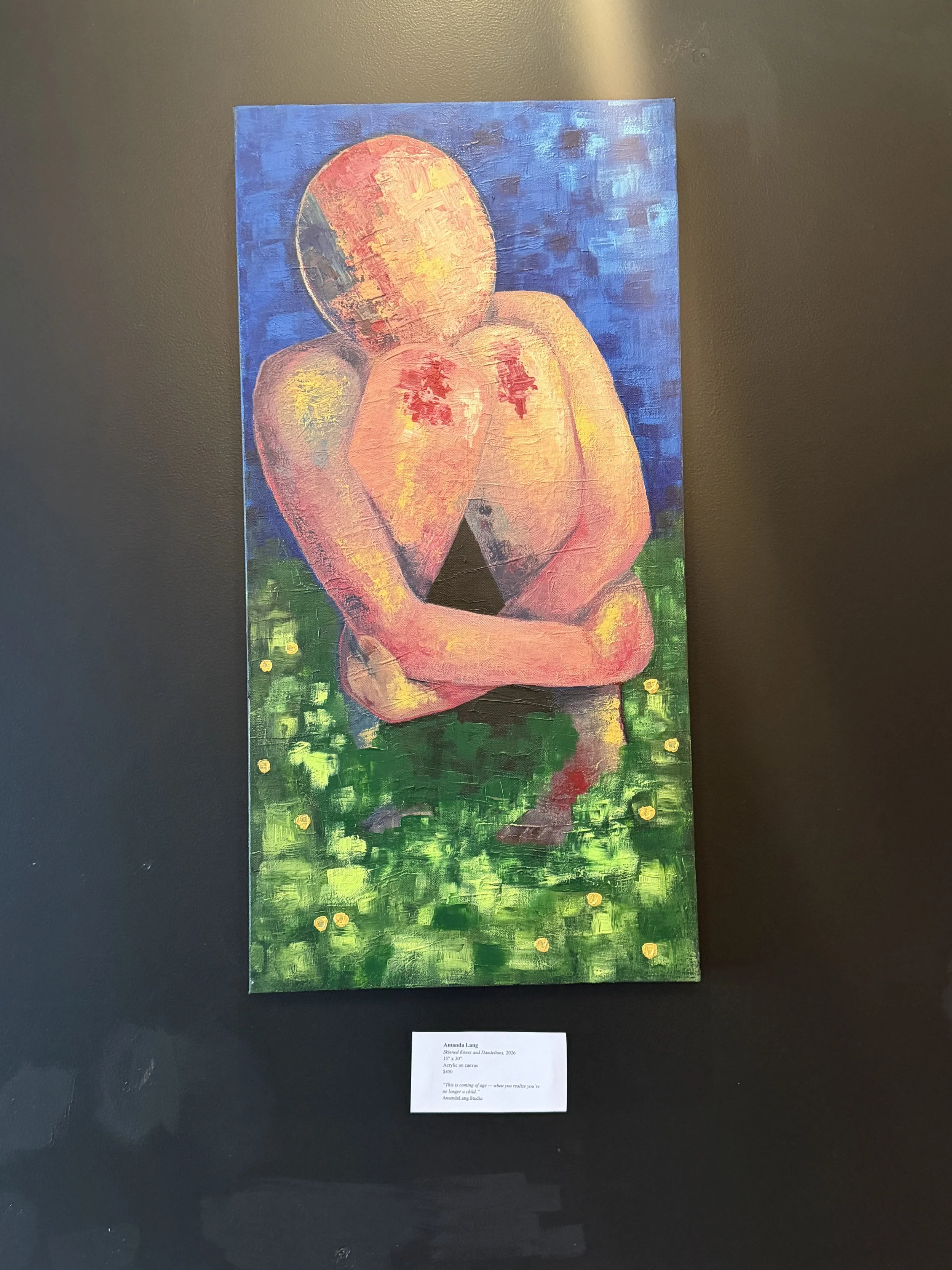 “Skinned Knees and Dandelions”, 2026
“15 x 30”
Acrylic on canvas
$450

“This is coming of age — when you realize you’re no longer a child.”