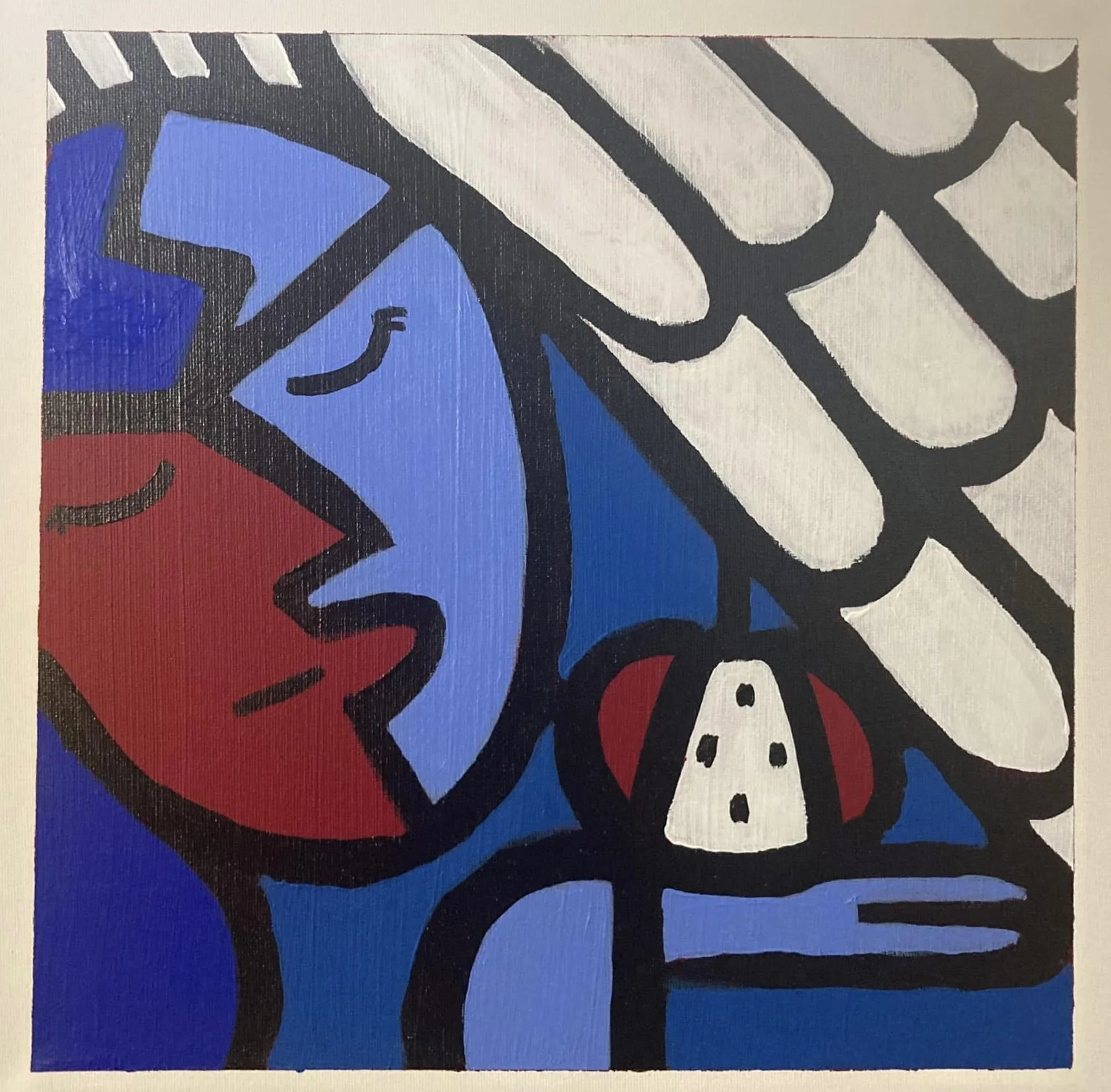 Abstract artwork featuring a large red face, a blue face, and a white face, with bold black outlines and geometric patterns.