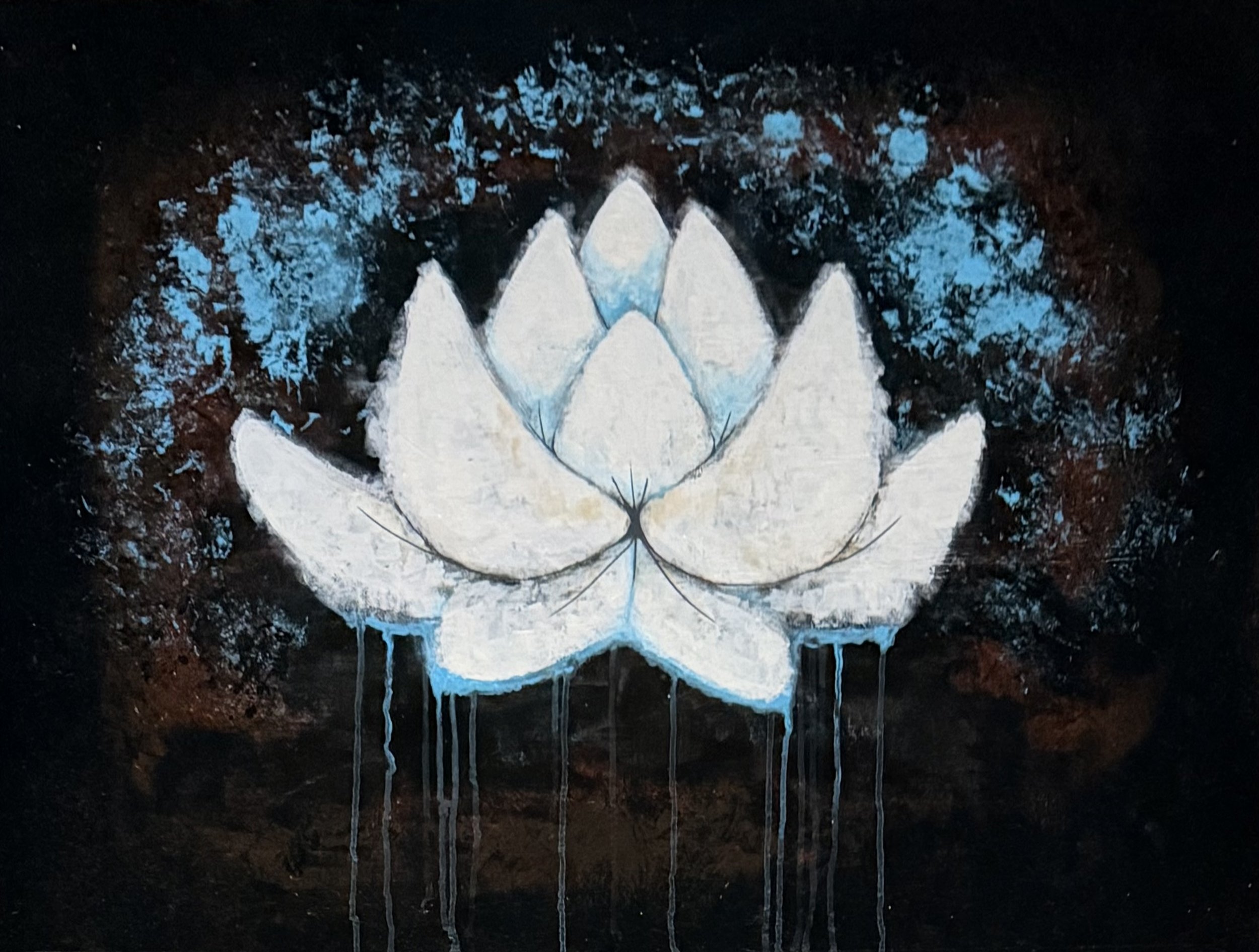 A painting of a white lotus flower with dark background, accented with blue splashes and paint drips.