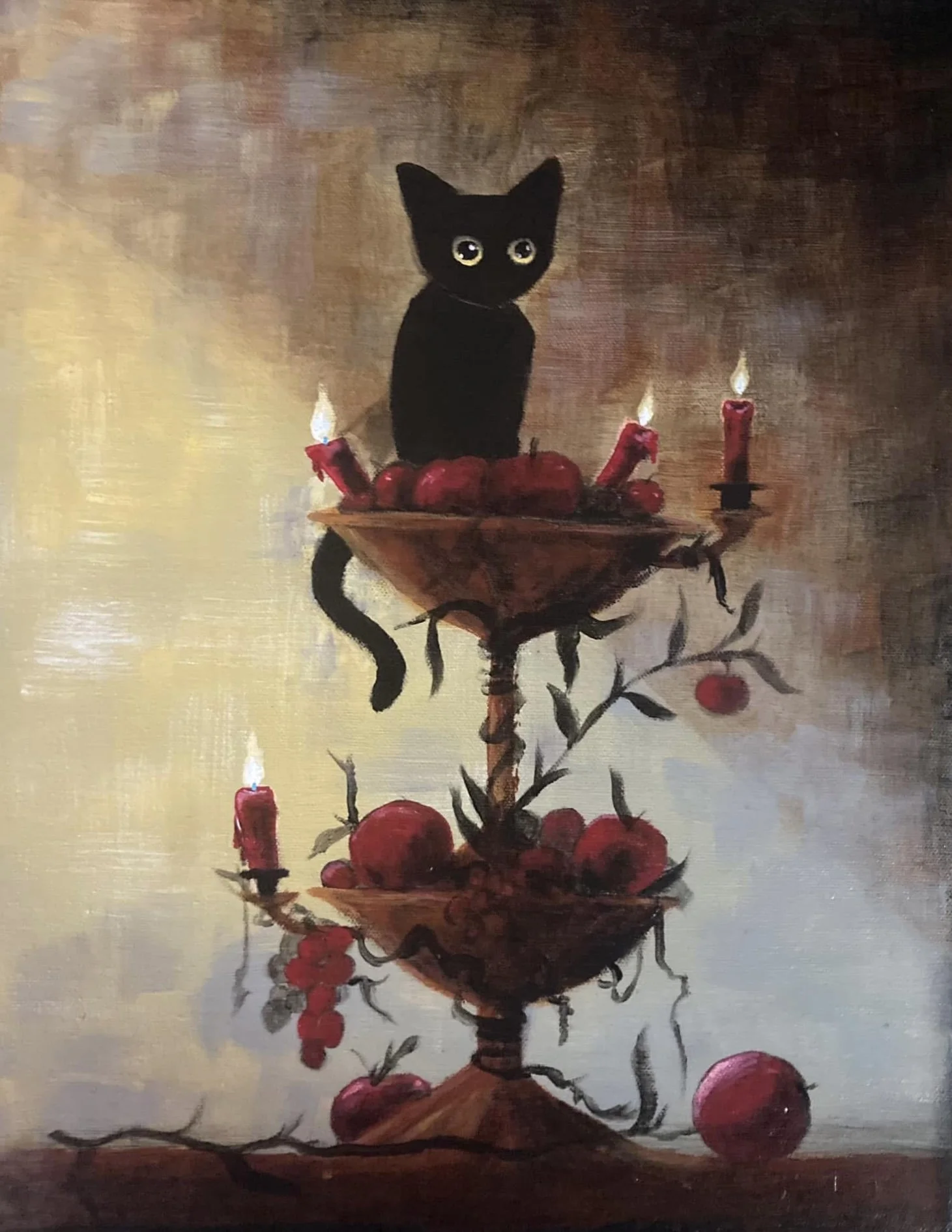 A painting of a black cat with large, yellow eyes sitting on a two-tiered candelabrum decorated with red apples, grapes, and red candles, some of which are lit, against a warm, textured background.