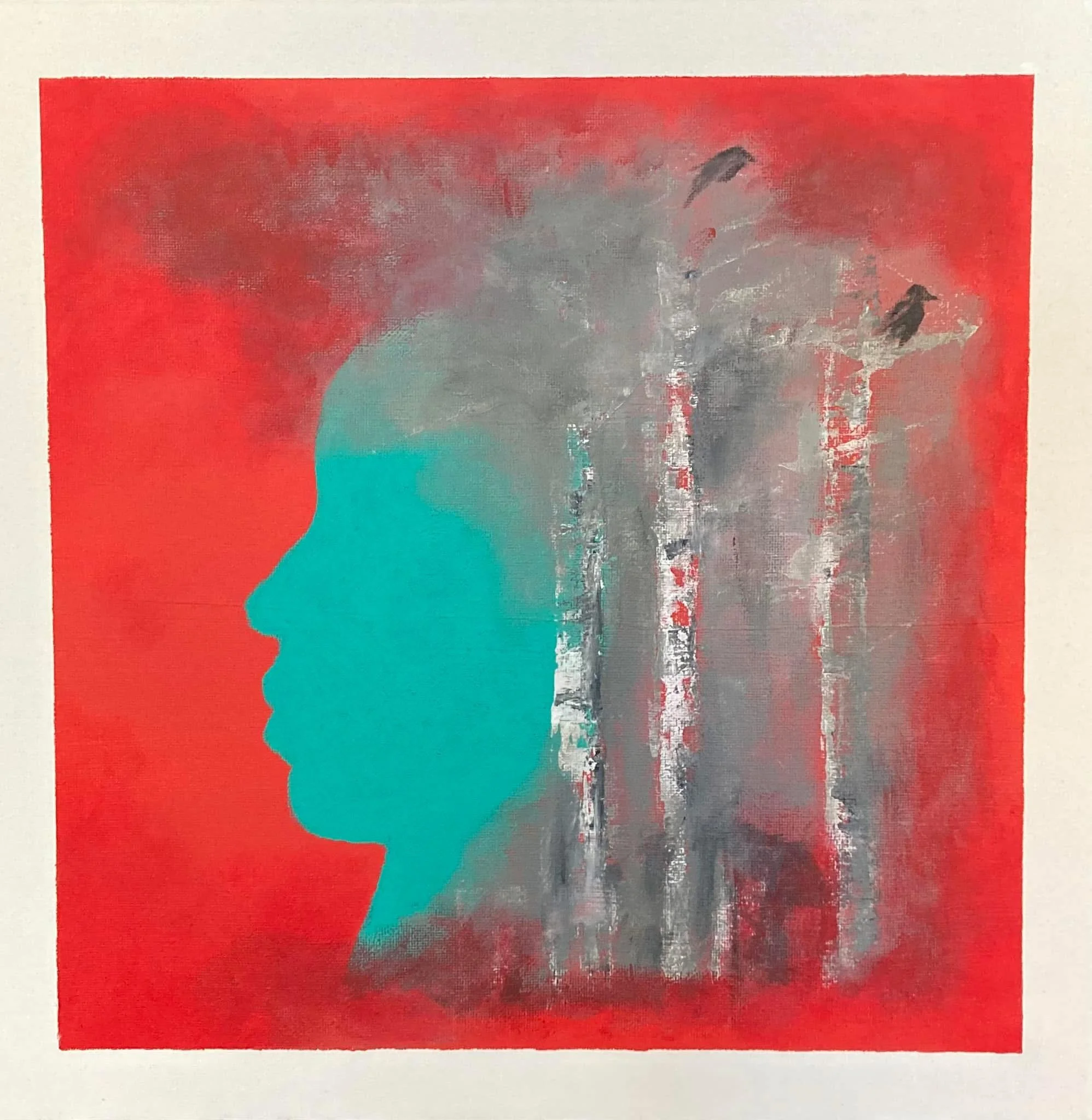 A mixed media portrait of a woman's side profile silhouette in teal, blending into a textured abstract background with vertical streaks in gray, black, and white on a red canvas.