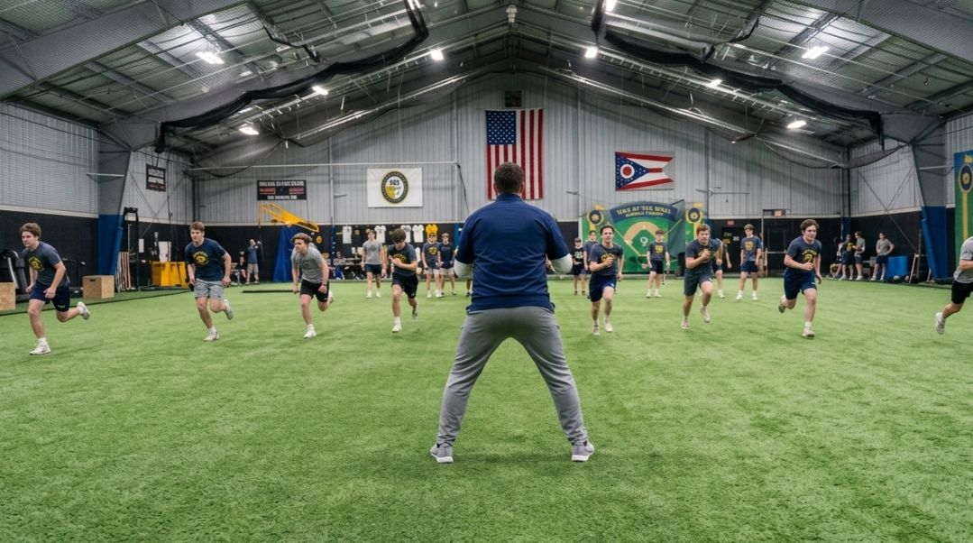 A coach leading a group of young athletes in a drill inside a large indoor sports facility with U.S. and Ohio flags hanging, artificial turf, and sports equipment.