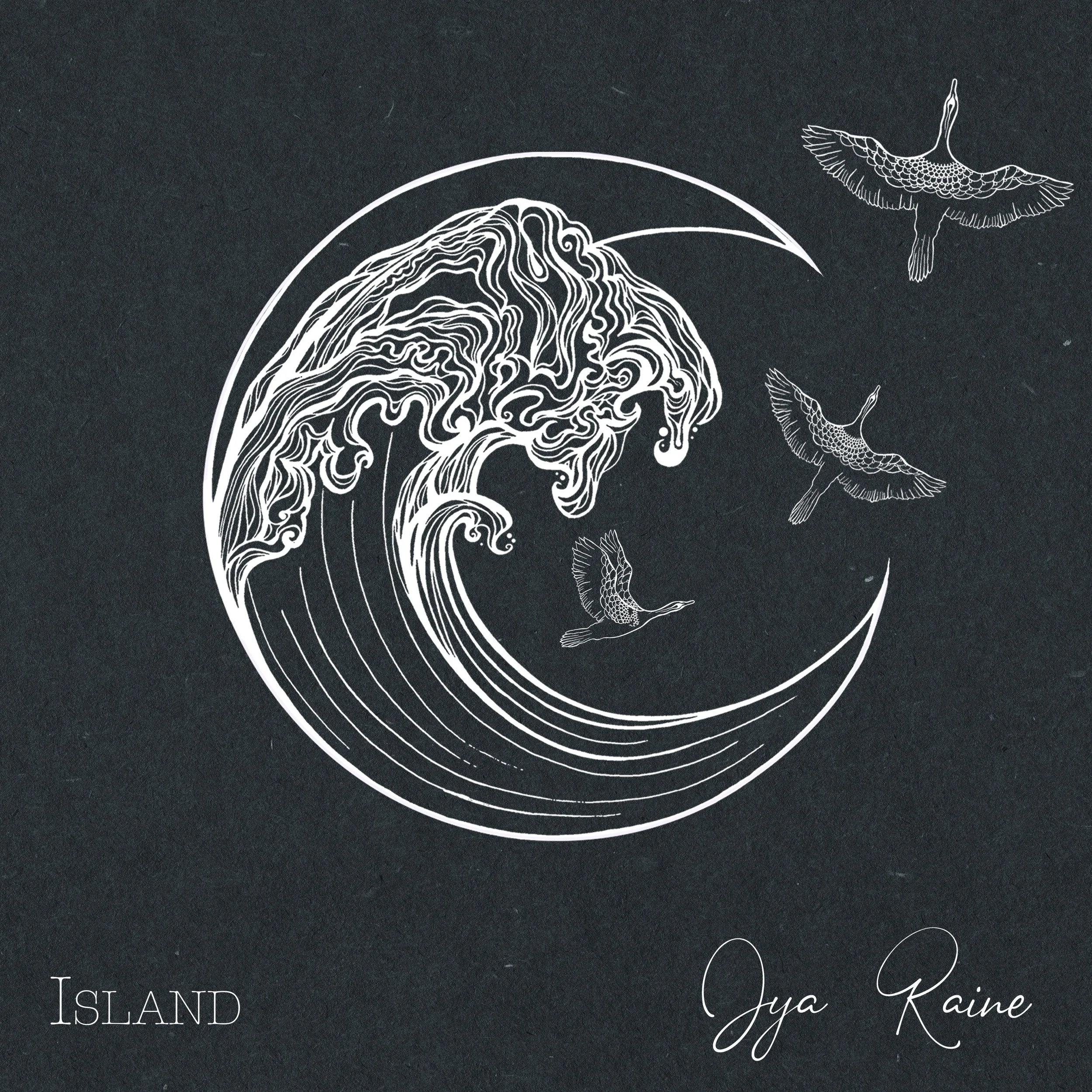Island Single artwork by Jya Raine, fineliner drawing of moon, waves and cormorants flying.