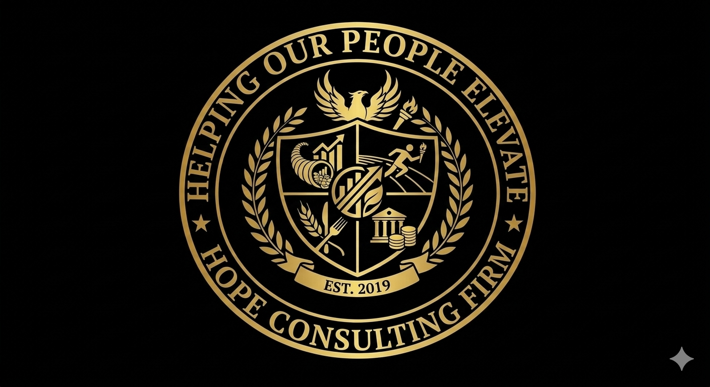 A logo with gold and black colors featuring a shield, an eagle, a phoenix, a fork and knife, a building, and coins. The text reads 'Helping Our People Leave a Hope Consulting Firm' and 'Est. 2019'.