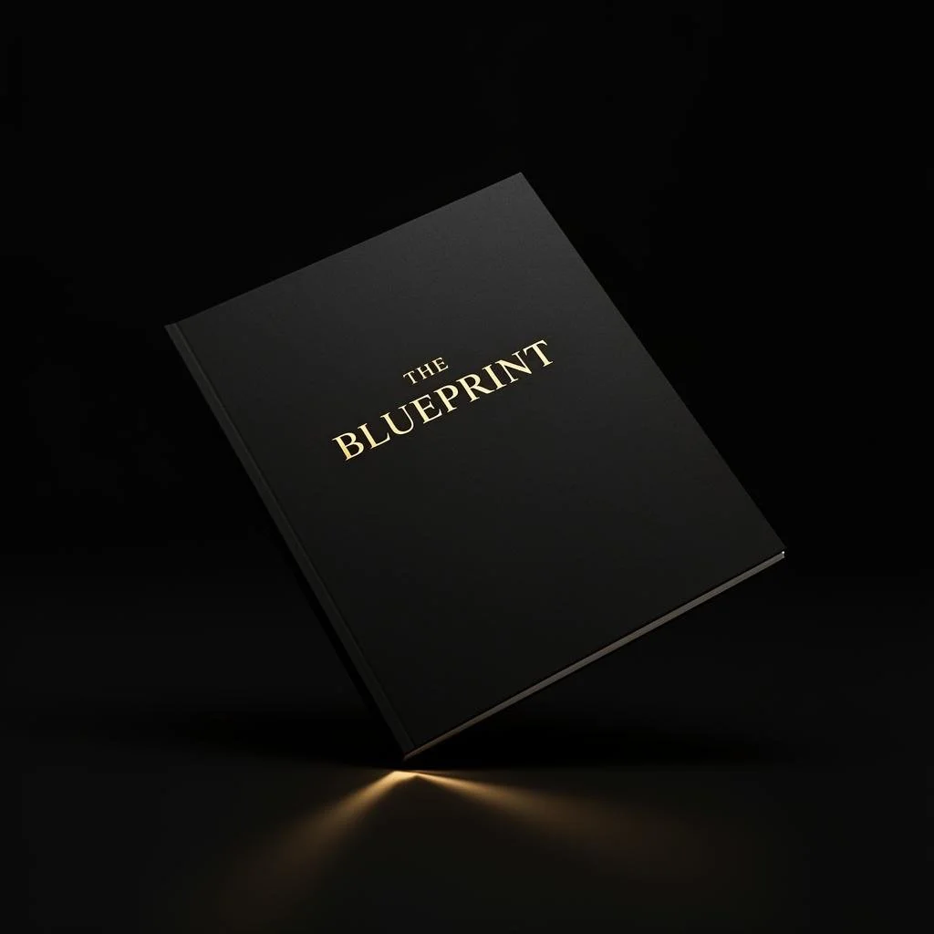 Black book titled "The Blueprint" floating in a dark space with soft lighting.