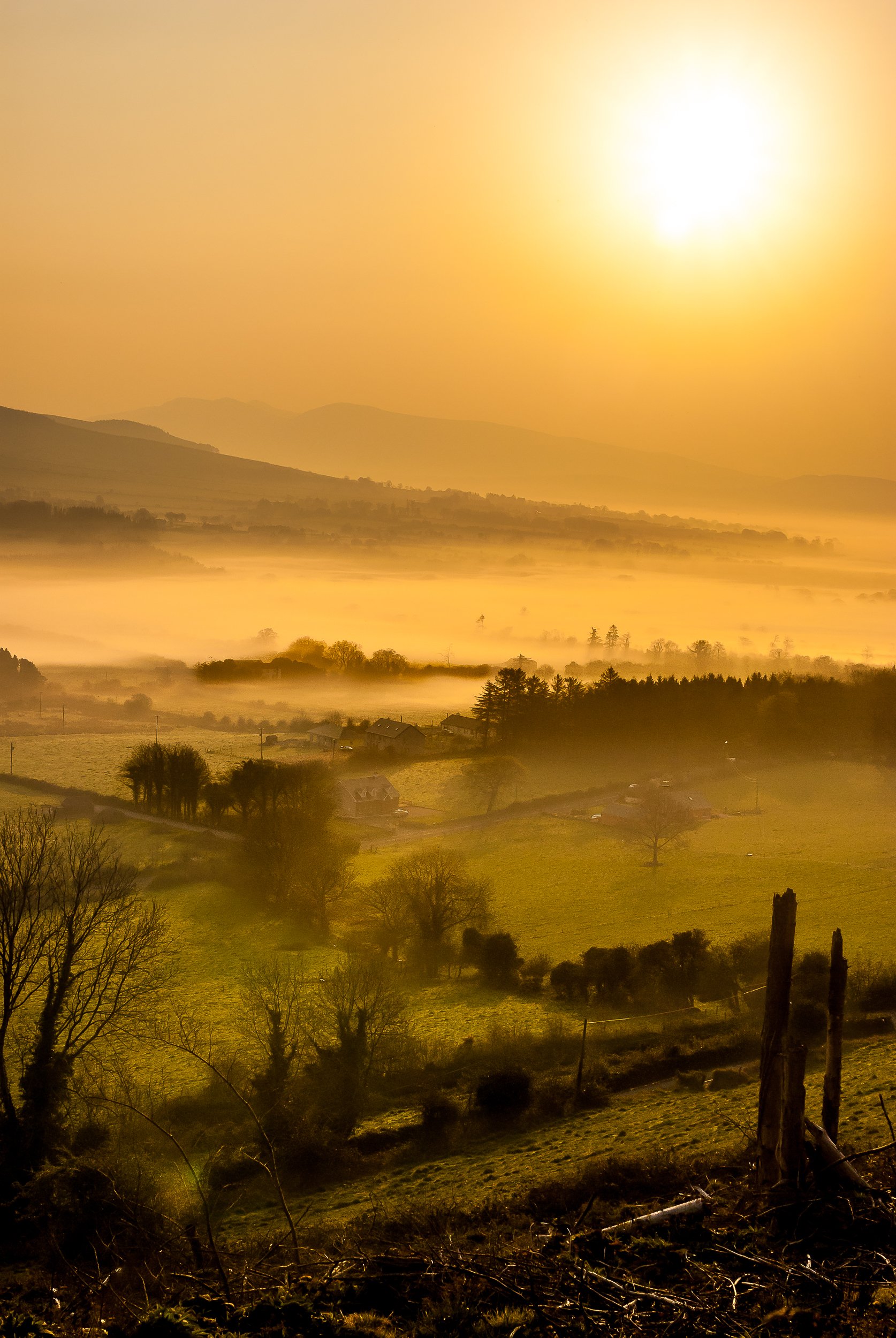 Sunrise over rolling hills and a rural landscape with trees, houses, and fog in the distance, illuminated by warm golden light.