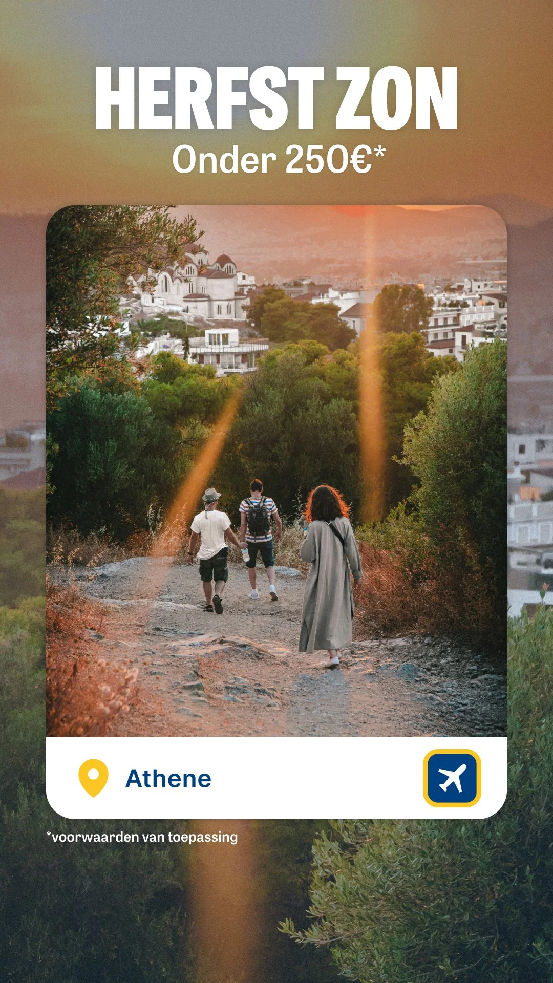 A promotional poster featuring a sunset view of a city with trees and white buildings, with three people walking on a dirt path in the foreground, and text indicating travel deals to Athens for under 250 euros.