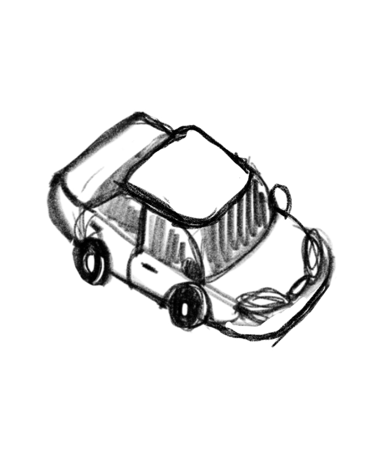 Sketch of a toy car with a simple design, including four wheels and a boxy body.