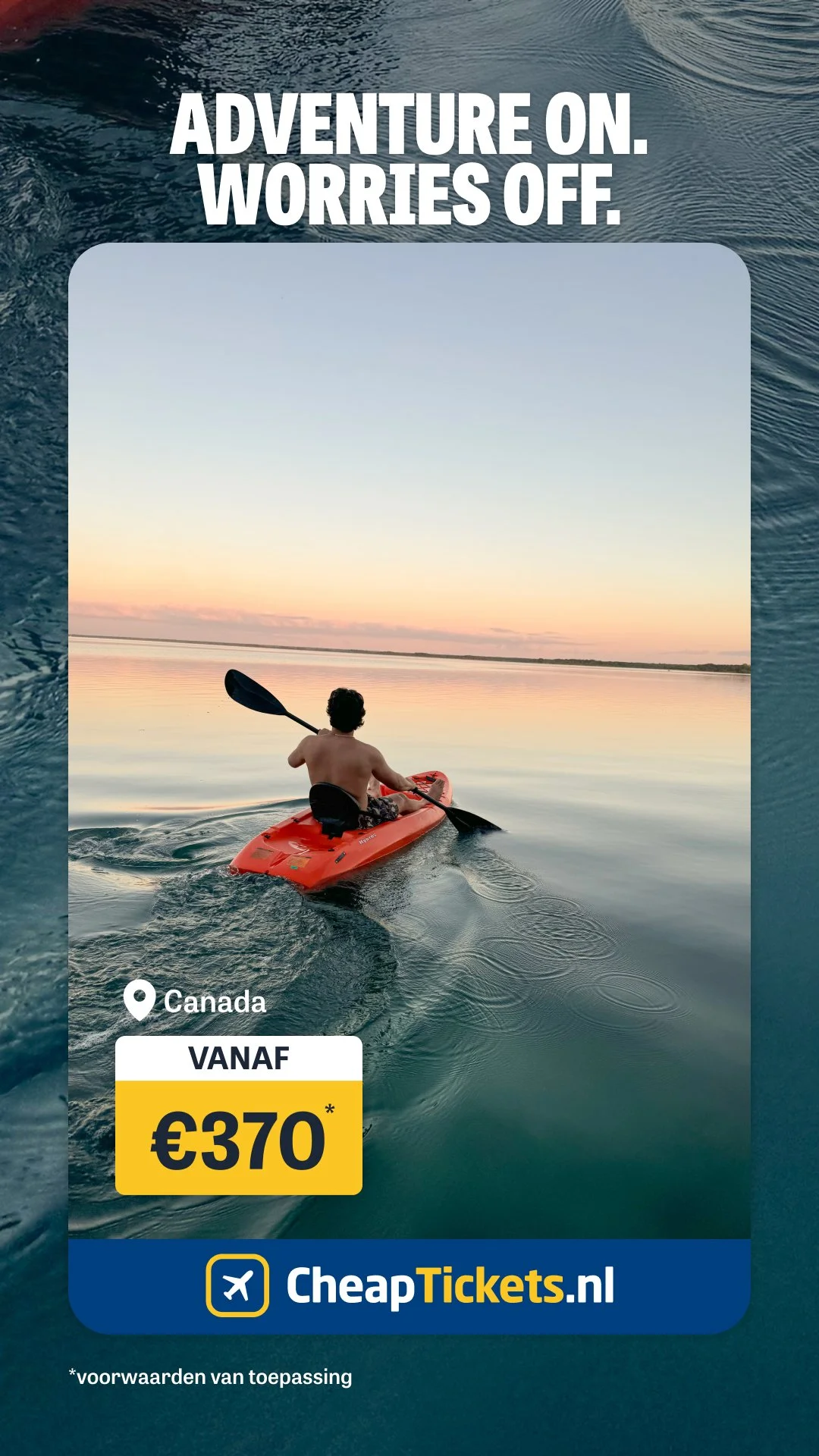 A person kayaking on a calm body of water during sunset, with colorful sky and horizon visible.